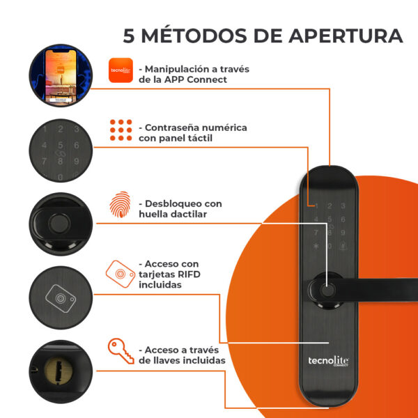 Cerradura Digital Inteligente WiFi con Timbre, 5 Métodos de Apertura, Apertura Ajustable, IP43, Compatible con App móvil - Imagen 2