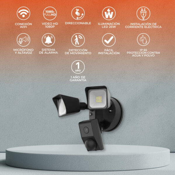 |CÁMARA EXTERIOR WIFI, C/DOBLE LÁMPARA INTEGRADA 25W, 100-240V, 2300LM, 6500K VIDEO HD 1920X108P, AUDIO 2 VÍAS, VISIÓN NOCTURNA Y DETECTOR DE MOVIMIENTO NGRO - Imagen 3