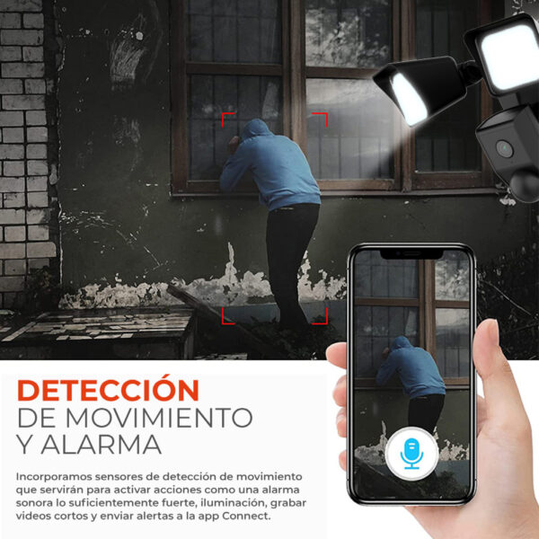 |CÁMARA EXTERIOR WIFI, C/DOBLE LÁMPARA INTEGRADA 25W, 100-240V, 2300LM, 6500K VIDEO HD 1920X108P, AUDIO 2 VÍAS, VISIÓN NOCTURNA Y DETECTOR DE MOVIMIENTO NGRO - Imagen 4