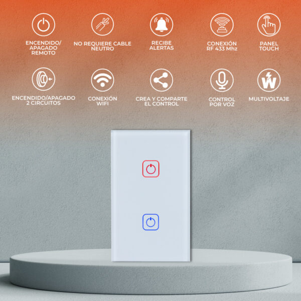|INTERRUPTOR DE LUZ INTELIGENTE, 2 BOTONES TÁCTILES, WI-FI, BCO - Imagen 3