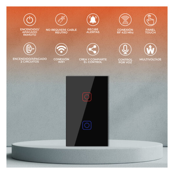 |INTERRUPTOR DE LUZ INTELIGENTE, 2 BOTONES TÁCTILES, WI-FI, NGRO - Imagen 3