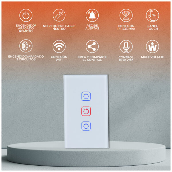 |INTERRUPTOR DE LUZ INTELIGENTE, 3 BOTONES TÁCTILES, WI-FI, BCO - Imagen 2
