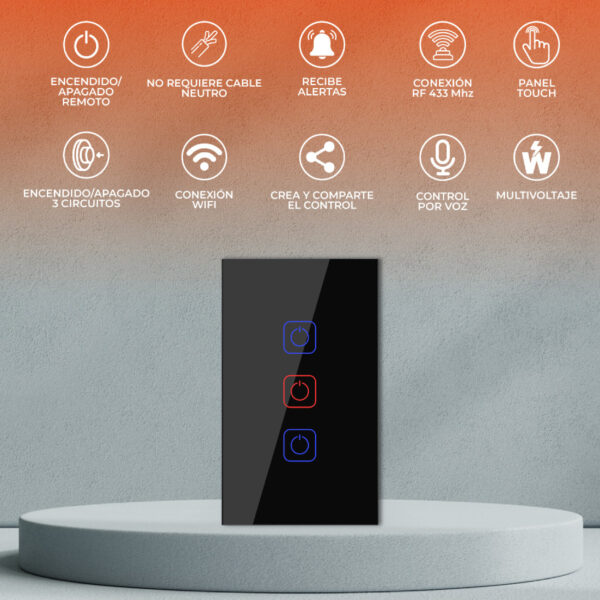 |INTERRUPTOR DE LUZ INTELIGENTE, 3 BOTONES TÁCTILES, WI-FI, NGRO - Imagen 4